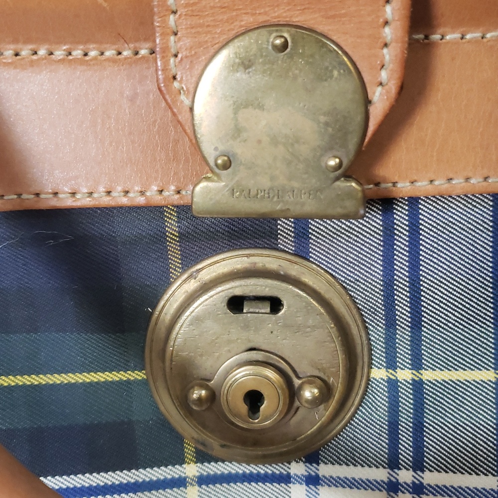 Classic Plaid Tote Handbag with Tan Leather Trim - Picture 2 of 8